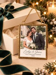 1pc Personalized Photo Frame Christmas Ornament, Customized Couple Photo With Name And Text, Customized Wedding Anniversary Pendant, First Christmas Keepsake After Marriage, Christmas Tree Decoration Gift, For Newlyweds - Multicolor - View 3