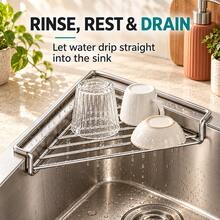 1PC Sink Drain Rack, Stainless Steel Triangular Sink Organizer, Space-Saving, For Sponges, Dish Soap, Dishcloths, Brushes, Scrubbers & Rags, Kitchen Countertop Organizer, Home Kitchen Essential - A - View 6
