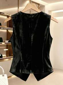 Women's Autumn/Winter Elegant Commute Holiday Inner/Outer Wear High-Quality Solid Color Lace Trim V-Neck Metal Four-Button Fitted Sleeveless Blazer - Black - View 5