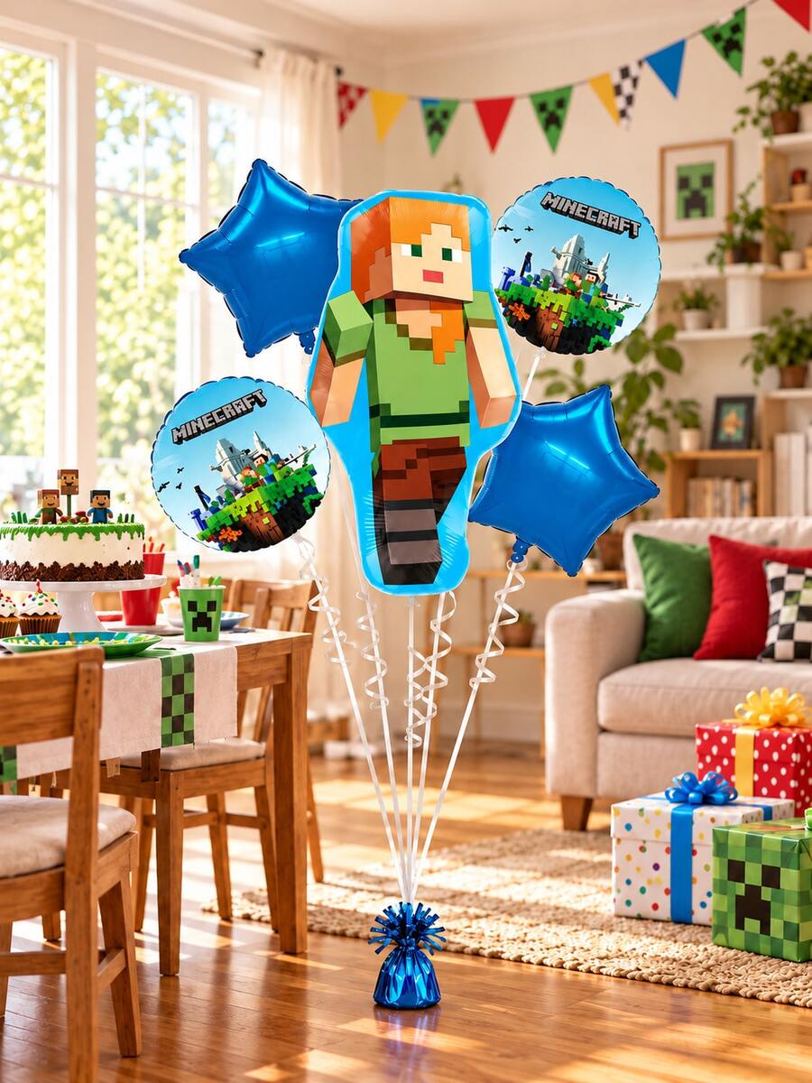Minecraft Alex Character Balloon Decoration, Pixel Adventure Foil Balloon Set With Star Balloons For Birthday Party, Gaming Theme Celebration And Block World Atmosphere - View 1