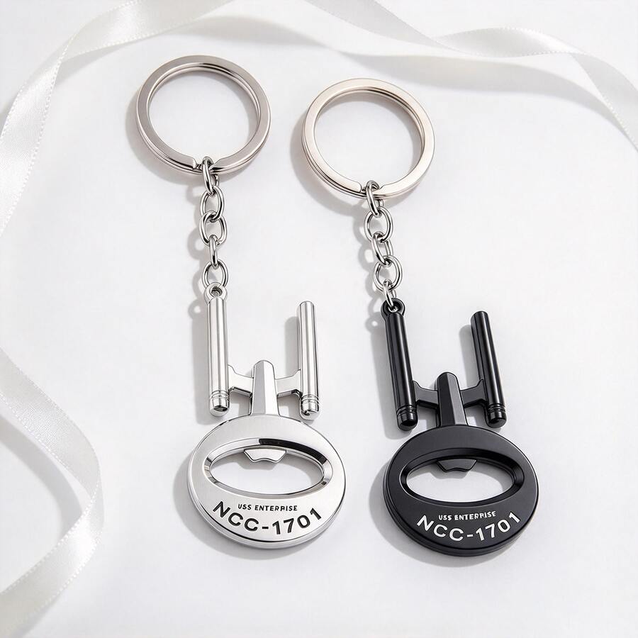 Spaceship Shape Bottle Opener Keychain, 2 Styles Metal Key Ring, NCC-1701 Engraved Key Chain, Backpack Charm Gift For Men > - Multicolor - View 1