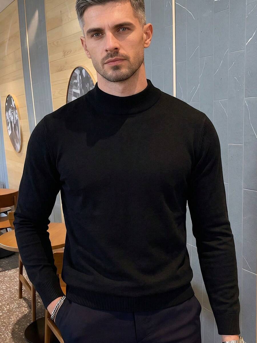 ALTZTAR Men's Solid Color Mock Neck Long Sleeve Sweater - Black - View 1