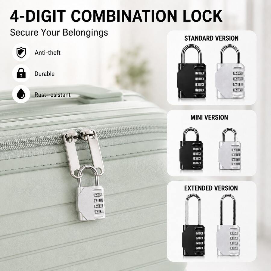 Resettable Luggage Combination Lock, Portable Keyless Padlock With Mini, Standard And Long Shackle Styles, Rust-Resistant Lock For Suitcases, Backpacks, Lockers, Cabinets And Storage Cases - Multiple Sizes - View 1