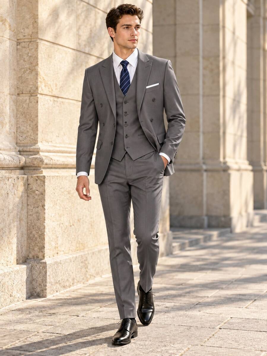 Setelan Jas Pria 3 Potong Bergaris Vertikal Kancing Ganda, Termasuk Jaket Jas, Rompi, dan Celana Panjang, Cocok untuk Pernikahan, Bisnis, Pesta, dan Acara Formal Lainnya, Ukuran XS-3XL - Grey - View 1