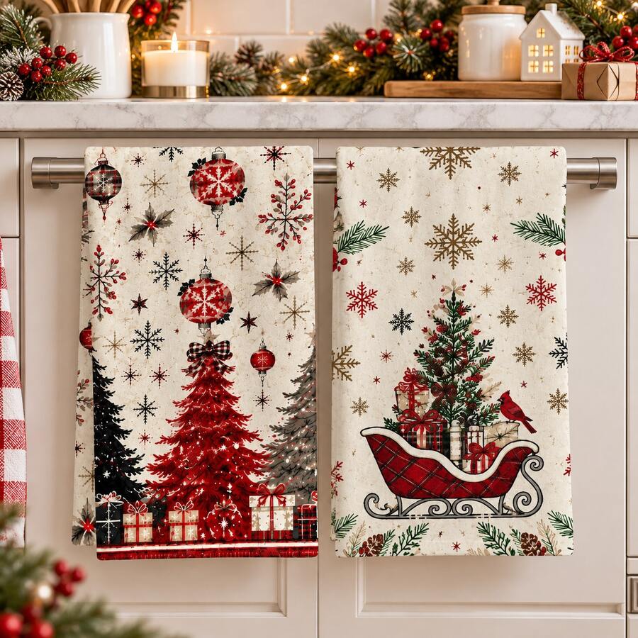 2pcs Vintage Christmas Sleigh & Christmas Tree Print Towels, Suitable For Kitchen, Bathroom, Toilet Holiday Decor, Winter Home Decoration, Christmas Gift Set - Multicolor - View 1