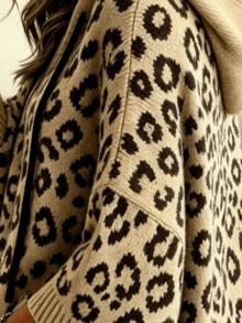 Women's Loose Leopard Print Hooded Knit Pullover Sweater With Dropped Shoulders, 5-Point Sleeves, Drawstring V-Neck, Casual - Leopard - View 4
