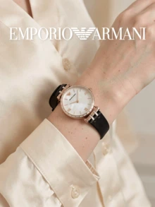 Armani AR11295 Women's Quartz Watch Black Textured Leather Strap Round Mother Of Pearl Dial Rose Gold Case Rectangular Crystal Bezel Elegant Party Style - one-size - View 4