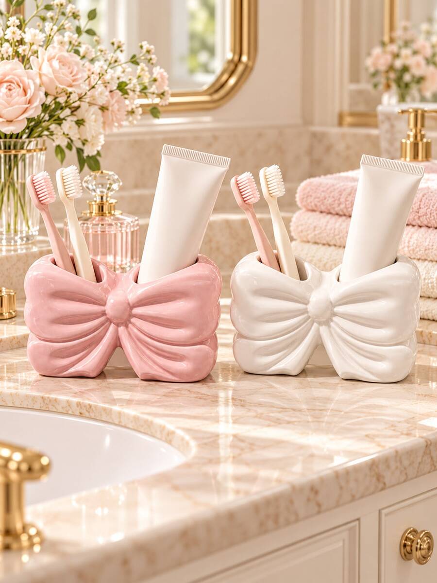 1pc Bow-Shaped Toothbrush Holder, Cute Dual Slot Toothbrush & Toothpaste Organizer, Pink Or White Bathroom Sink Countertop Storage For Oral Care Toiletries, Vanity Decor & Home Organization - Multicolor - View 1