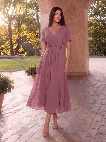 EVERPRETTY فستان نسائي أنيق بياقة على شكل حرف V مع تطريزات باللون الوردي الباهت، فستان متوسط الطول مناسب لضيوف الزفاف وأم العروس، مناسب لحفلات الزفاف شبه الرسمية وحفلات الخيرية