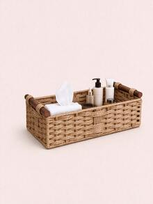Green Woven Storage Basket With Wooden Side Handles, Rectangular Woven Countertop Storage Bin, Decorative Home Storage Container, Suitable For Bathroom Countertop, Bedside Table, Shelves, Used For Organizing Toiletries, Towels, Cosmetics And Various Household Items - Multicolor - View 11