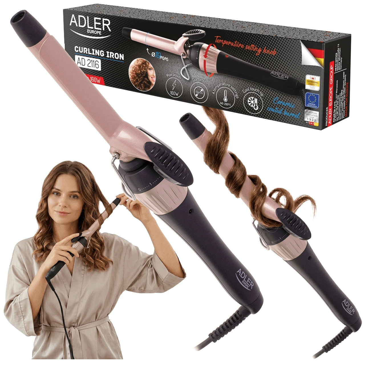 Adler Ceramic Curling Iron 19mm, 4 Temperature Settings 140-200°C, 160W, Auto Shut-Off 60min, Swivel Cord, Cool Tip - EU E Type Plug(220-240V) - View 1