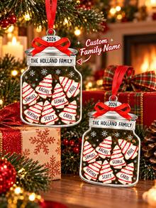1pc Personalized Christmas Tree Ornament, 2D Flat Acrylic Cookie Jar Design, Customizable Family Last Name And 2-8 Names, Holiday Party Decoration - Multicolor - View 1