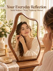 1pc Walnut Color Asymmetrical Desktop Vanity Mirror, Clear Imaging, Wavy Wood Grain Frame, Elegant Bedroom And Dressing Table Decor, Christmas, Birthday And Housewarming Gift - Multicolor - View 3