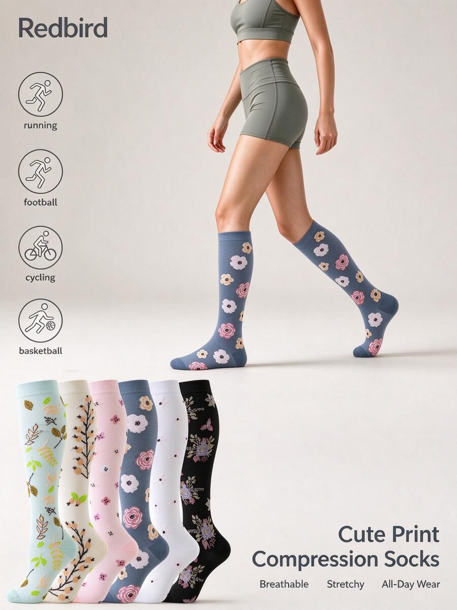 6 Pairs Women Knee High Support Socks, Assorted Botanical Flower Pattern Socks, Soft Stretch Socks For Sports Training All Day Wear - Multicolor - View 1