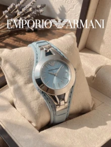 Armani Women's Quartz Watch Light Blue Leather Strap Round Radial Pattern Blue Dial Silver Case Elegant Style Summer Daily Wear Girlfriend Birthday Gift - one-size - View 4