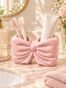 1pc Bow-Shaped Toothbrush Holder, Cute Dual Slot Toothbrush & Toothpaste Organizer, Pink Or White Bathroom Sink Countertop Storage For Oral Care Toiletries, Vanity Decor & Home Organization - Multicolor - View 7