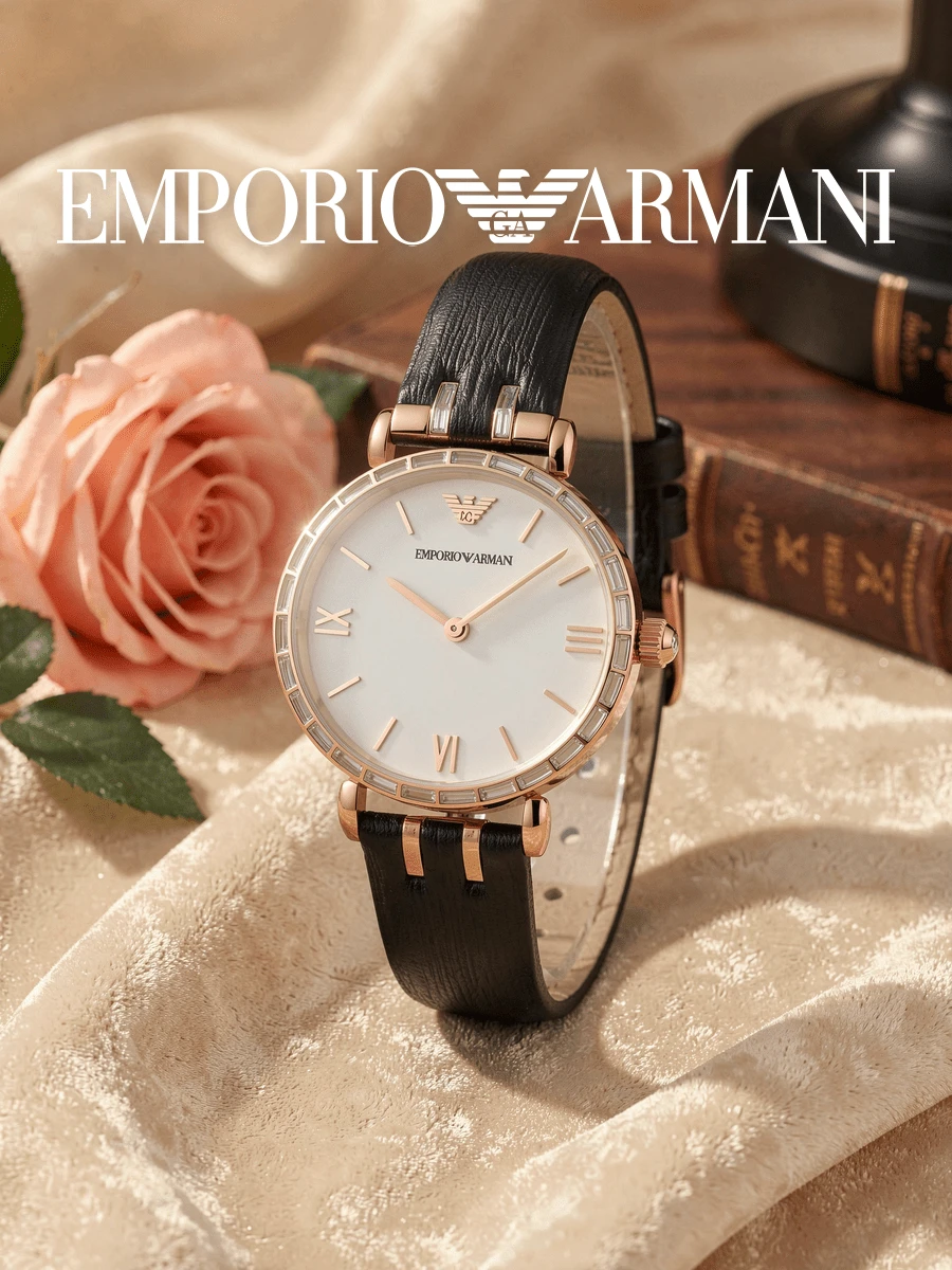 Armani AR11295 Women's Quartz Watch Black Textured Leather Strap Round Mother Of Pearl Dial Rose Gold Case Rectangular Crystal Bezel Elegant Party Style - one-size - View 1
