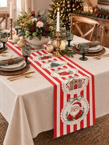 1pc/2pcs Christmas Table Runner 13x72 Inch Santa Gingerbread House Print, Red White Striped Holiday Table Decor, Vintage Farmhouse Christmas Dining Room Decoration, Winter Home Party Supplies - Red Stripe - View 3