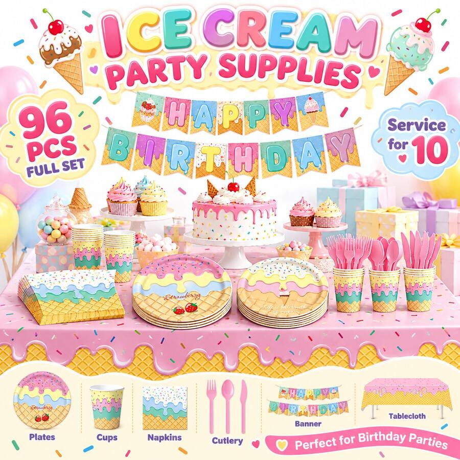Ice Cream Theme Party, Tableware Set, Decoration Set, Newborn Party, Birthday Party, Photography Studio Decor Props, Halloween Tableware, Christmas Tableware, New Year Tableware, Holiday Tableware, Disposable Tableware, Disposable Cookware - View 1
