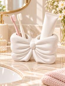 1pc Bow-Shaped Toothbrush Holder, Cute Dual Slot Toothbrush & Toothpaste Organizer, Pink Or White Bathroom Sink Countertop Storage For Oral Care Toiletries, Vanity Decor & Home Organization - Multicolor - View 4