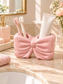 1pc Bow-Shaped Toothbrush Holder, Cute Dual Slot Toothbrush & Toothpaste Organizer, Pink Or White Bathroom Sink Countertop Storage For Oral Care Toiletries, Vanity Decor & Home Organization - Multicolor - View 3
