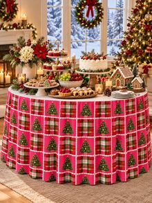 1pc Christmas Rose Red Printed Table Skirt, Christmas Tree & Red-Green Plaid Patchwork Pattern, White Pearl Chain Border Print, Pleated Design, Suitable For Rectangular Dining Table, Buffet Table And Christmas Home Party Decoration - A - View 9