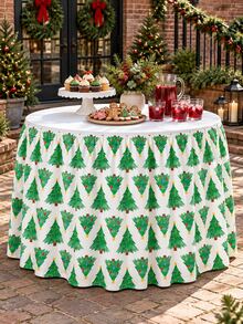 1pc Christmas Print Pleated Table Skirt, Gift Box Snowflake, Red Background String Lights Star And White Background Christmas Tree Pattern Optional, Suitable For Round And Rectangular Tables, Buffet Tables And Indoor/Outdoor Christmas Party Decoration - C - View 9