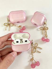 3件組可愛櫻桃蝴蝶結鑰匙圈與清潔刷 + TPU耳機保護殼，適用於AirPods，柔軟防摔保護殼，兼容充電盒 - 透粉色+清潔筆 - 查看 7