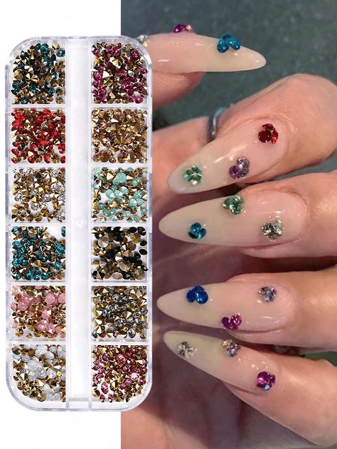 12 Grids Colorful Nail Art Rhinestones, Pink Pointed Bottom Round Pearl, Christmas Colors Transparent Rhinestone Jewel Nail Decorations, DIY Nail Art Supplies Nails Nail Gems - Multicolor - View 1