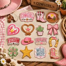 16pcs Pink Cowgirl Iron On Patches Set, Western Wild West Embroidery Patches For Jackets Jeans Backpack DIY Decor - Multicolor - View 1