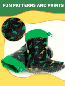 Dinosaur Print Kids Rain Boots, Anti-Slip Wear-Resistant Rubber Waterproof Rain Boots For Boys With Elastic Cuff - Olive Green - View 8