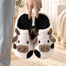 Comfortable Winter Cartoon Cute Cow Plush Slippers - Soft Warm Home Shoes, Fabric Sole, Hand Washable, Unisex - White - View 5