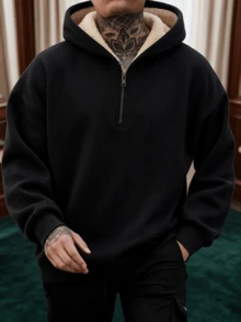 Men's Half-Zip Hooded Sweatshirt, European And American Style, Lamb Fleece Lining, Thickened Warm, Drawstring Hood, Dropped Shoulder, Loose Casual Pullover Hoodie, Autumn/Winter - Black - View 1