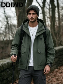 Men's Street Tough Style Multi-Pocket Military Hooded Jacket, Loose Fit Plus Size Outdoor Hiking, Stream Trekking, Camping, Versatile Jacket For Autumn/Winter - Army Green - View 12