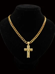 1pc European And American Hip Hop Style Jesus Cross Pendant Necklace, Copper Inlaid Zirconia, 7mm Stainless Steel Cuban Chain, Street Style Men's Versatile Accessory - Jesus Cross - View 2