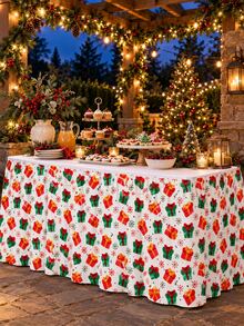 1pc Christmas Print Pleated Table Skirt, Gift Box Snowflake, Red Background String Lights Star And White Background Christmas Tree Pattern Optional, Suitable For Round And Rectangular Tables, Buffet Tables And Indoor/Outdoor Christmas Party Decoration - C - View 12