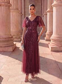 EVERPRETTY Elegant Luxurious Glamorous Party Heavy Embroidery Floral Sequin Mesh Patchwork Burgundy Formal Evening Gown Suitable For Evening Party Wedding Guest - Burgundy - View 1