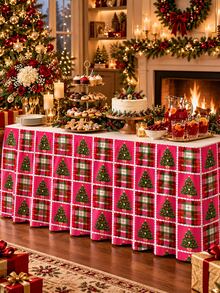 1pc Christmas Rose Red Printed Table Skirt, Christmas Tree & Red-Green Plaid Patchwork Pattern, White Pearl Chain Border Print, Pleated Design, Suitable For Rectangular Dining Table, Buffet Table And Christmas Home Party Decoration - A - View 10