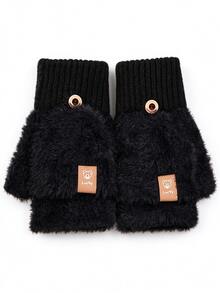 Women's Plush Flap Gloves, Sweet Style Button Design Convertible Fingerless Gloves, Ribbed Knit Cuffs With Lucky Bear Patch, Warm Hand Accessory For Autumn/Winter, Suitable For Daily Life, Study, Work And Outdoor Activities - Multicolor - View 14