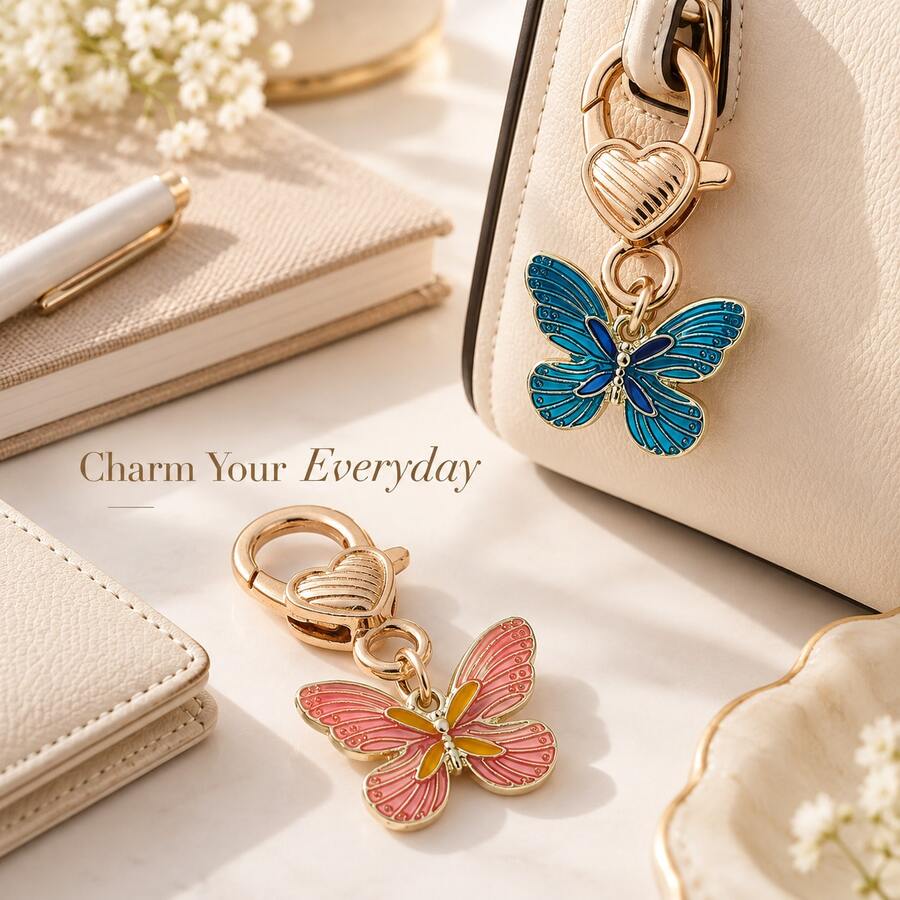 2pcs Colorful Butterfly Keychain Heart Buckle Bag Pendant, Women's Exquisite Butterfly Charm, Lightweight Easy-To-Attach Key Ring, Handbag Backpack Zipper Decoration, Multi-Scenario Daily Accessory - Multicolor - View 1