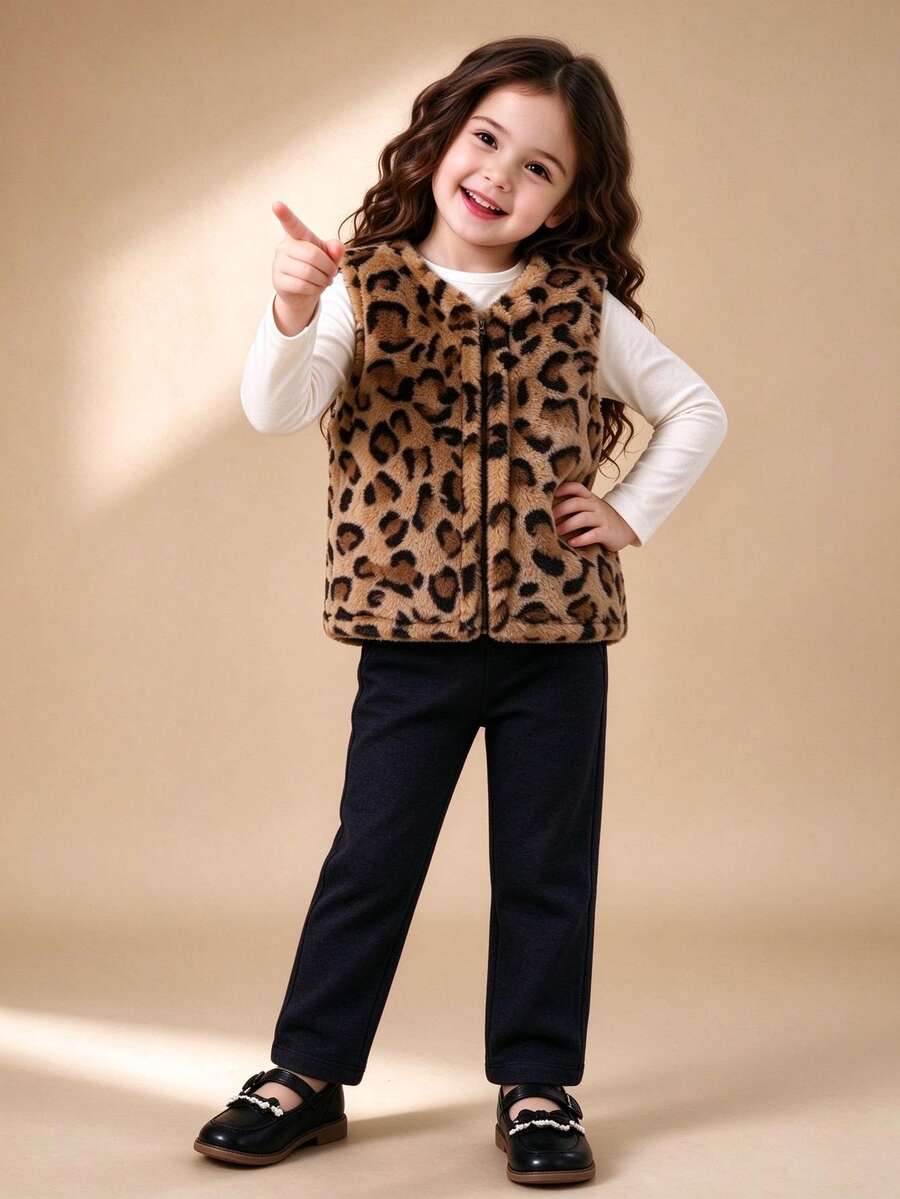Young Girls Sleeveless Leopard Faux Fur Top, Casual Fashion Jacket For Autumn/Winter - Brown - View 1