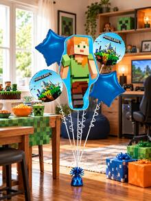 Minecraft Alex Character Balloon Decoration, Pixel Adventure Foil Balloon Set With Star Balloons For Birthday Party, Gaming Theme Celebration And Block World Atmosphere - View 3