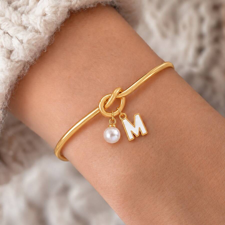 1pc New Classic Initial Pendant Knotted Heart Adjustable Open Bracelets For Women - Yellow Gold - View 1