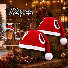 1/2pcs Equestrian Christmas Decoration Hat, Classic White Trim With Plush Ball Design, Secure Fit And Anti-Slip, For Holiday Photography, Horse Holiday Styling, Suitable For Christmas And Outdoor Riding - Multicolor - View 8