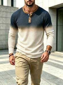 Men's Blue & Beige Gradient Waffle Knit Henley Long Sleeve Shirt, Notched Collar 3-Button Placket Textured Casual Top, Autumn Daily Wear - Multicolor - View 2
