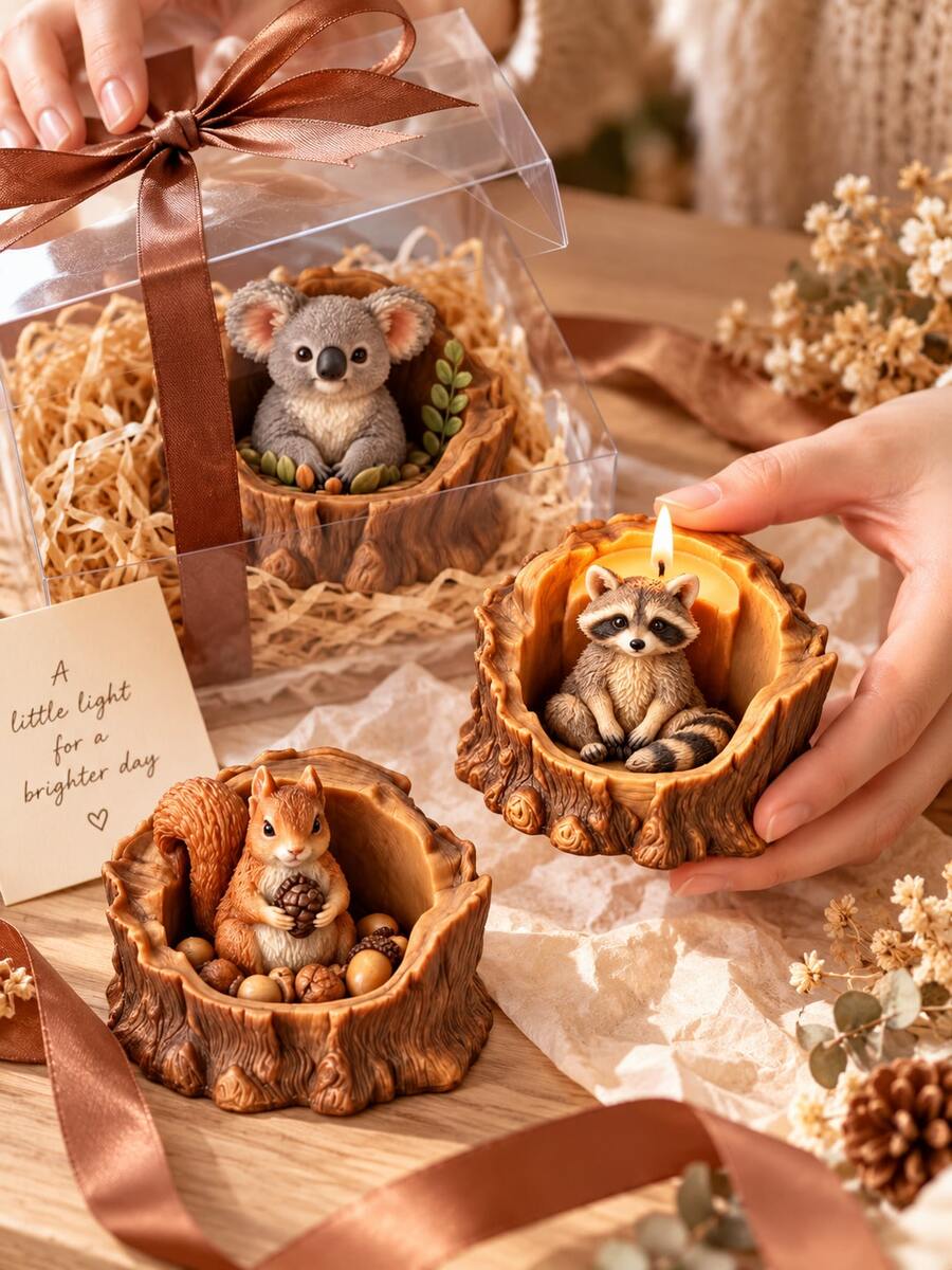Woodland Tree Stump Animal Silicone Candle Mold, Koala, Raccoon And Squirrel DIY Candle Mold, Forest Animal Decoration, Birthday Handmade Gift, Home Craft Accessories - Tree Stump Animal Candle Mold - View 1
