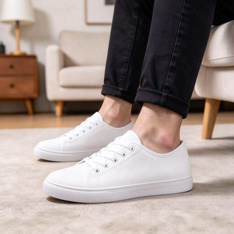Men's White Canvas Shoes | Breathable & Durable | Low-Top Round Toe Lace-Up Design, Non-Slip Sole | Versatile For All Seasons, Suitable For Daily Wear, Shopping, Vacation