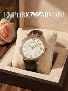 Armani AR11295 Women's Quartz Watch Black Textured Leather Strap Round Mother Of Pearl Dial Rose Gold Case Rectangular Crystal Bezel Elegant Party Style - one-size - View 5