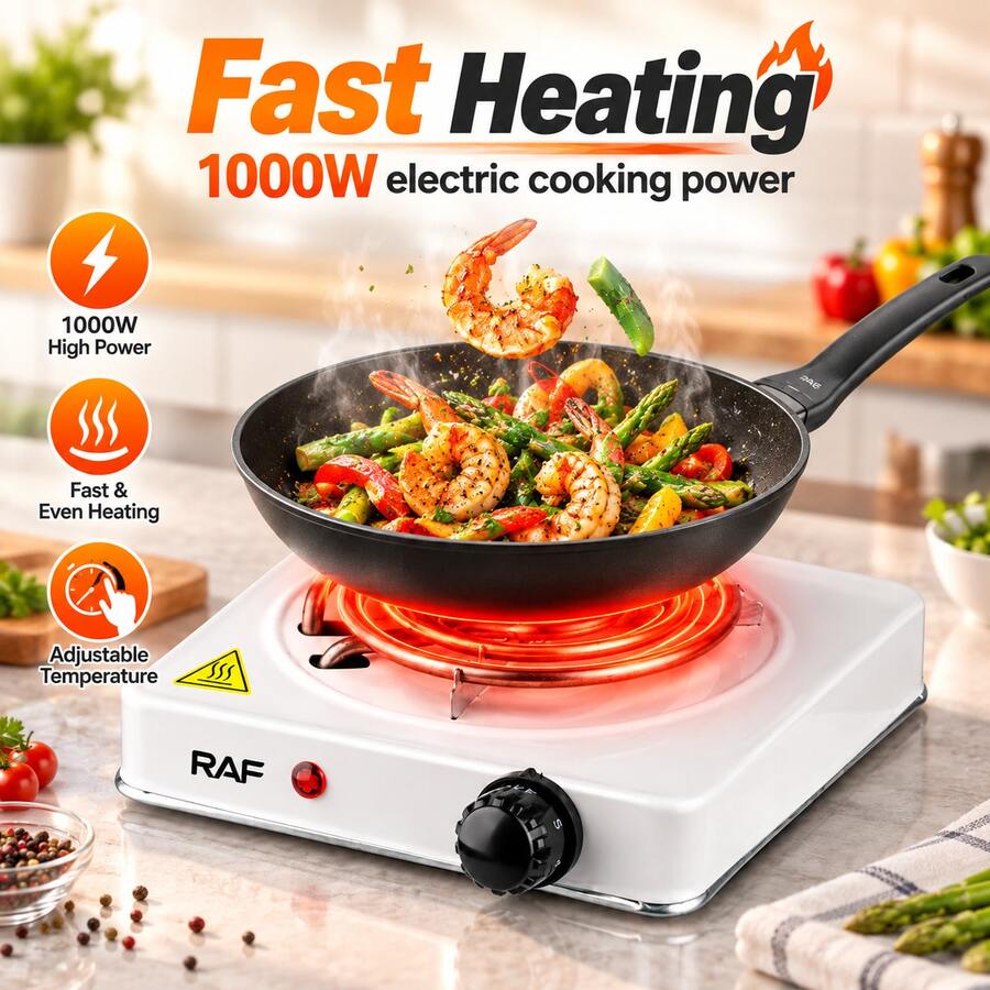 1000W Electric Hot Plate, RAF Single Burner Portable Electric Stove, Adjustable Temperature Control, Compact Countertop Cooking Plate For Apartment Dorm Office, Compatible With All Cookware - White - View 1