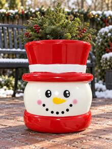 1pc Ceramic Christmas Snowman Planter, Smiling Face Flower Pot With Top Hat Design, Festive Porch And Entryway Decor For Small Plants, Available In Red, Black Or Green - A - View 3